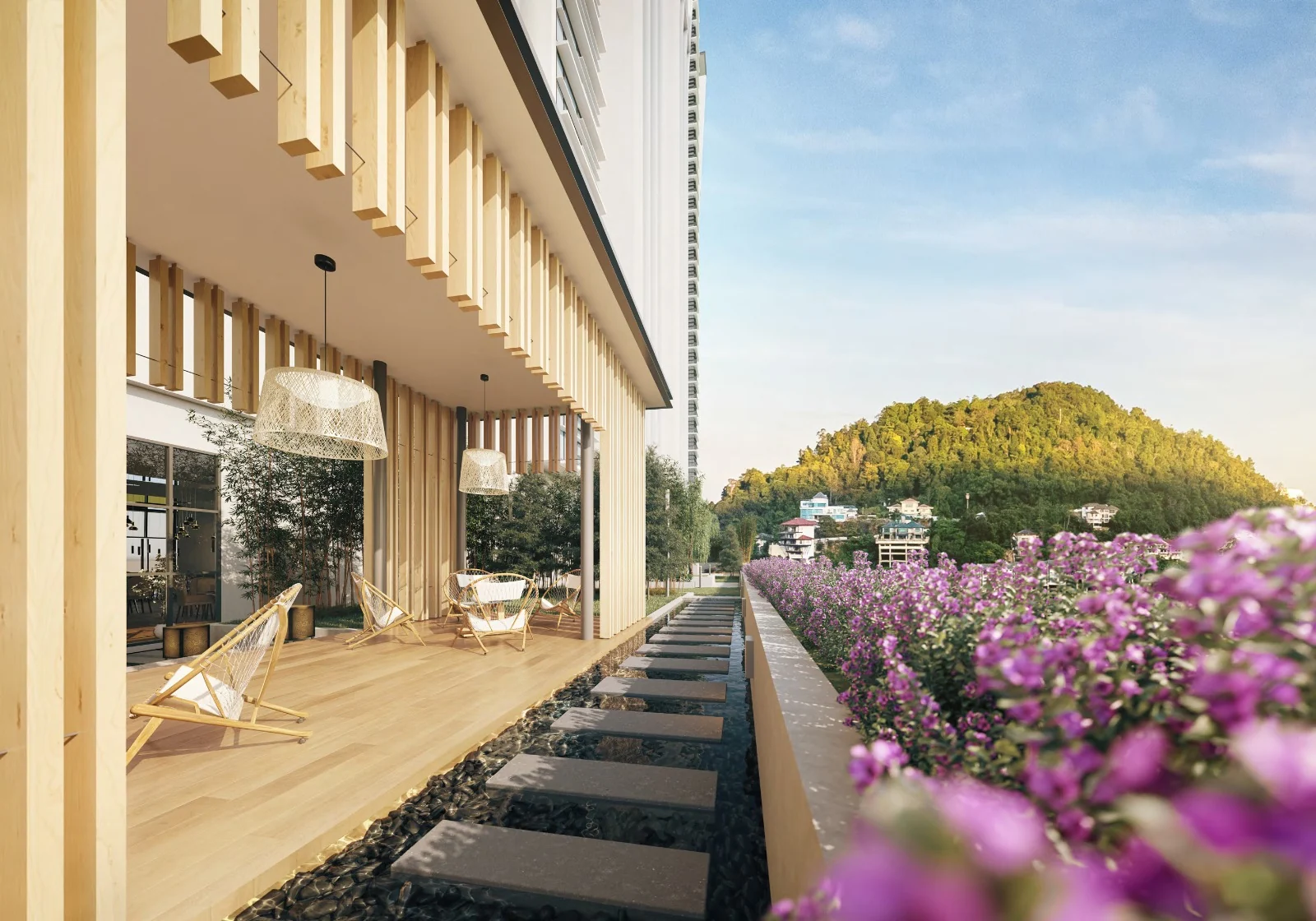 Artist impression of Waterstone landscaped garden lounge