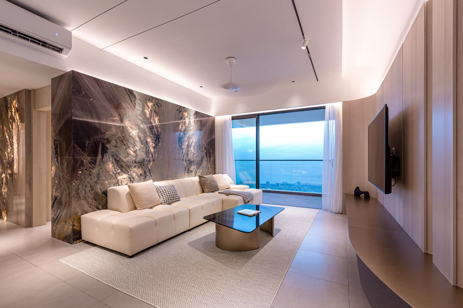 Lumina showroom living hall with balcony view