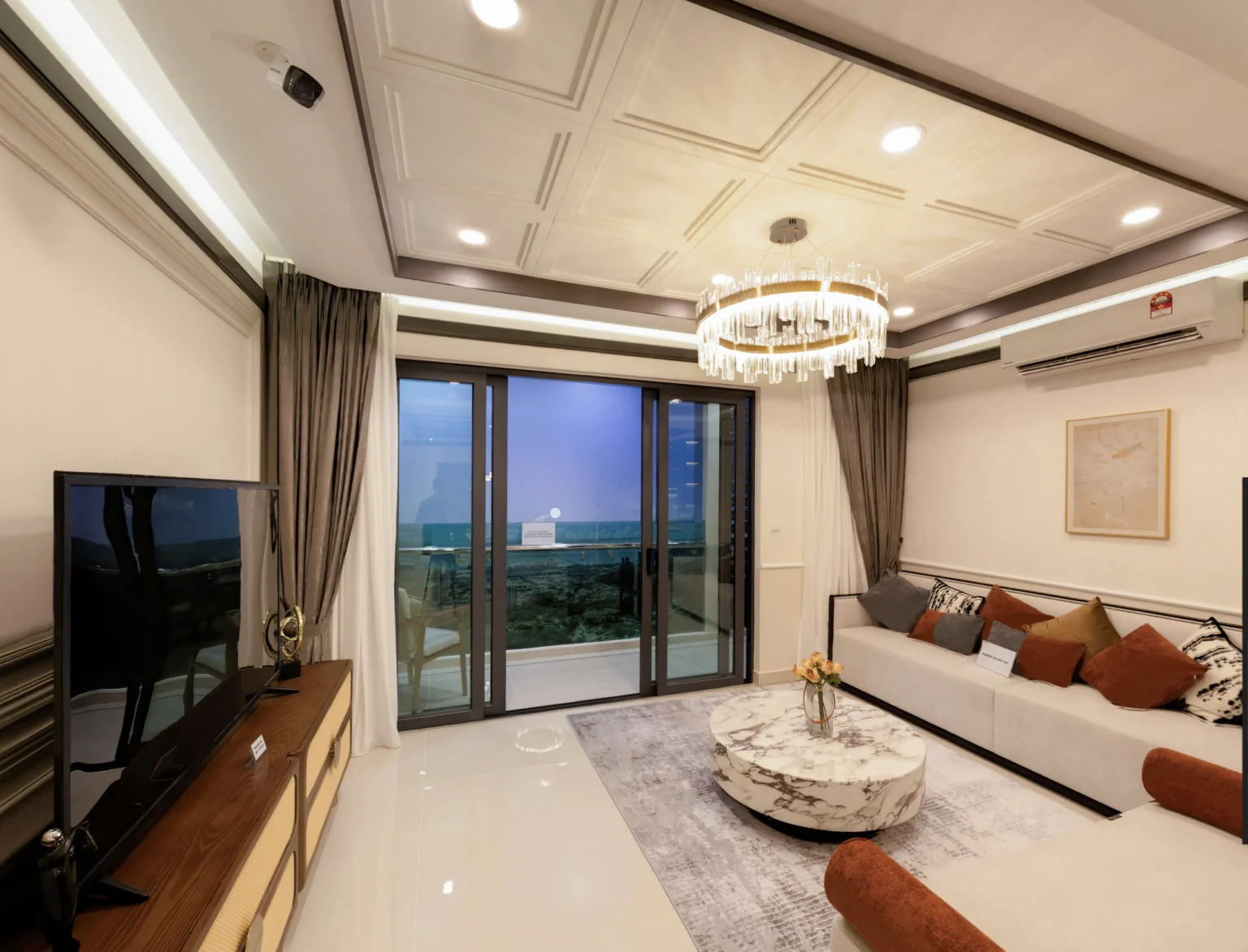 Pinnacle show unit living hall with balcony outlook