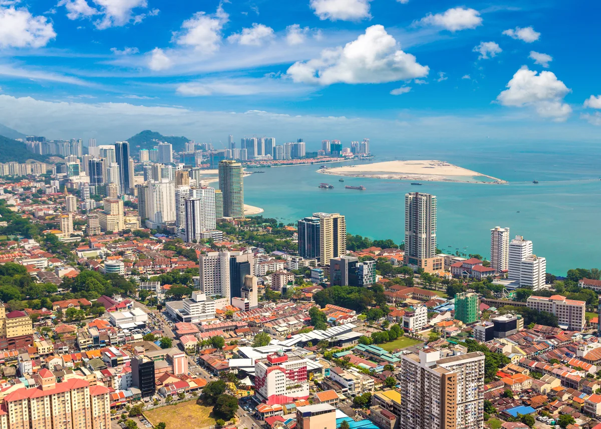 Aerial view of Penang's north-eastern coastline and urban waterfront