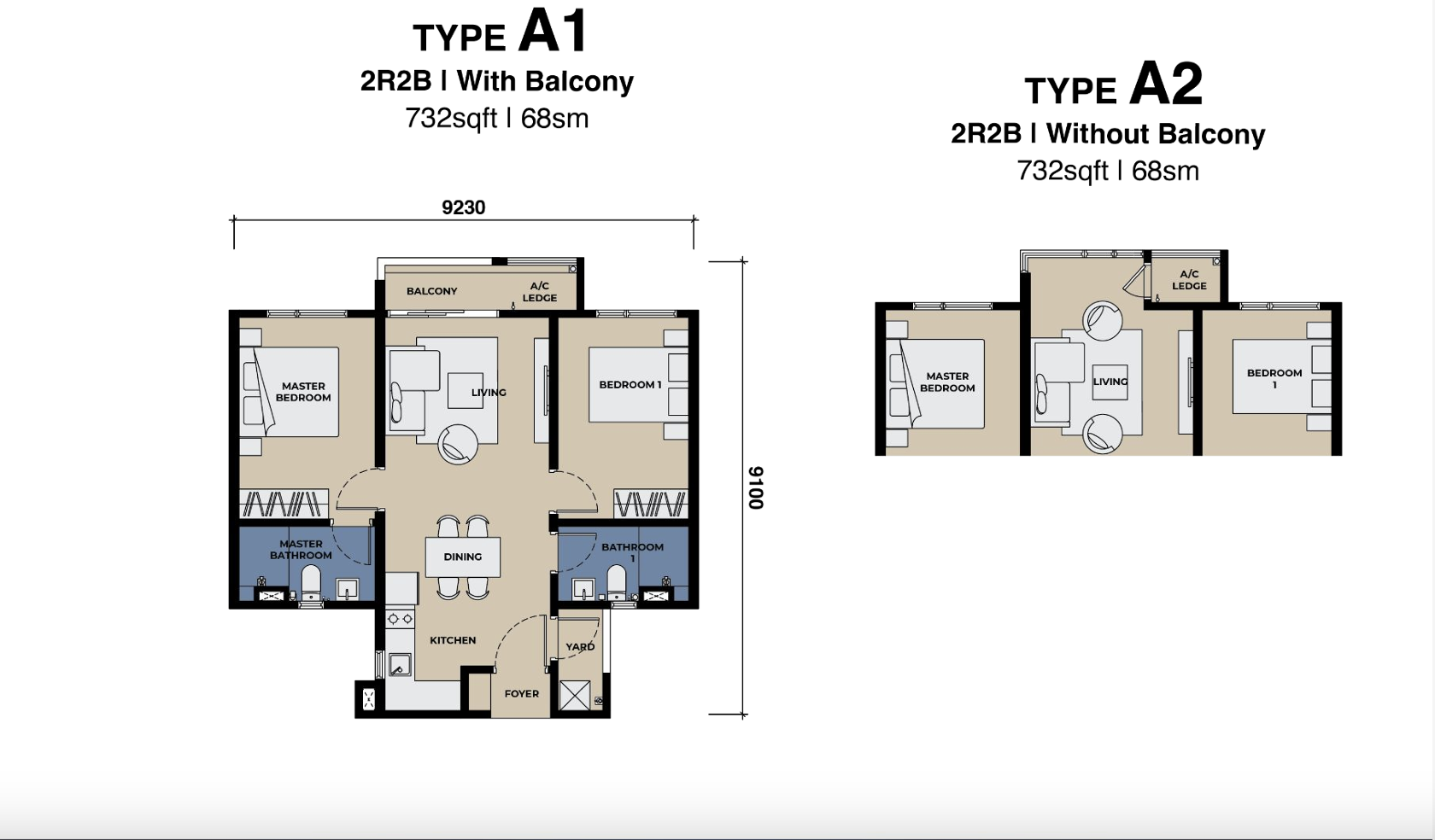 The Lighthauz Type A1 and A2 floor plans, 732 square feet