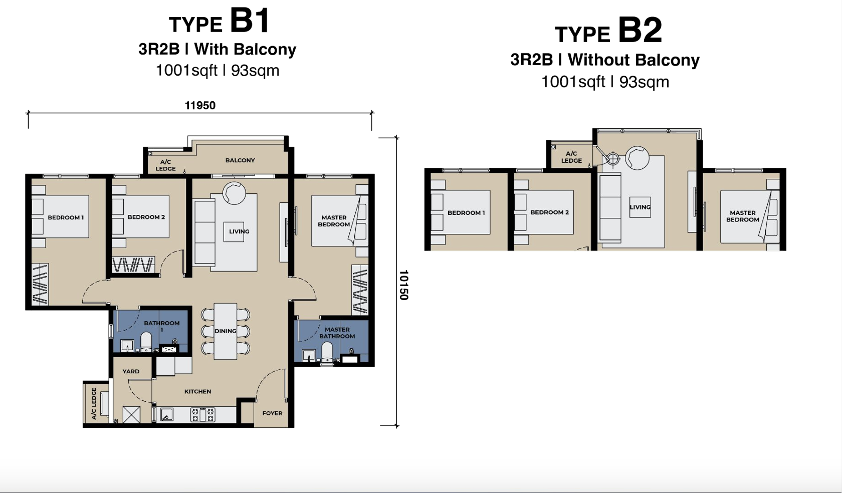 The Lighthauz Type B1 and B2 floor plans, 1,001 square feet