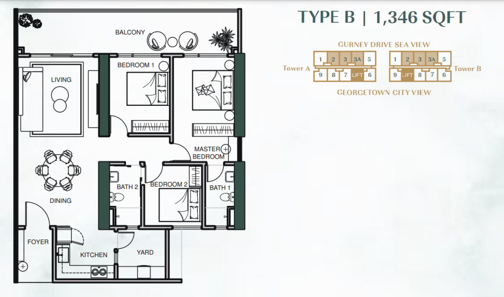 Lumina Residence Type B floor plan, 1,346 square feet