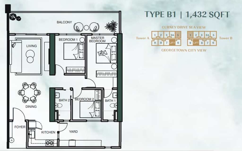 Lumina Residence Type B1 floor plan, 1,432 square feet