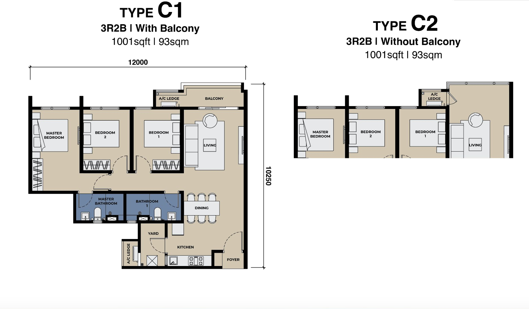 The Lighthauz Type C1 and C2 floor plans, 1,001 square feet