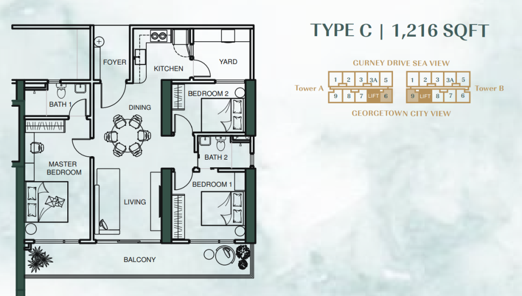 Lumina Residence Type C floor plan, 1,216 square feet