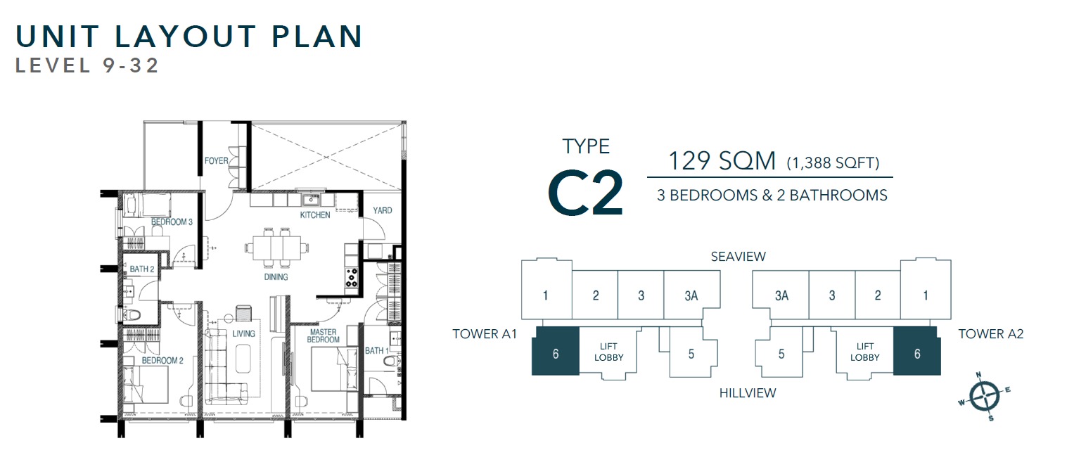 Waterstone Type C2 floor plan, 1,388 square feet, three bedrooms and two bathrooms