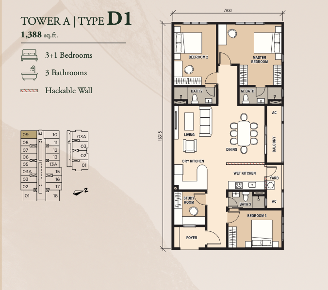 Pinnacle Type D1 floor plan, 1,388 square feet