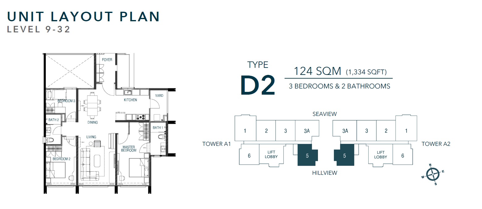 Waterstone Type D2 floor plan, 1,334 square feet, three bedrooms and two bathrooms