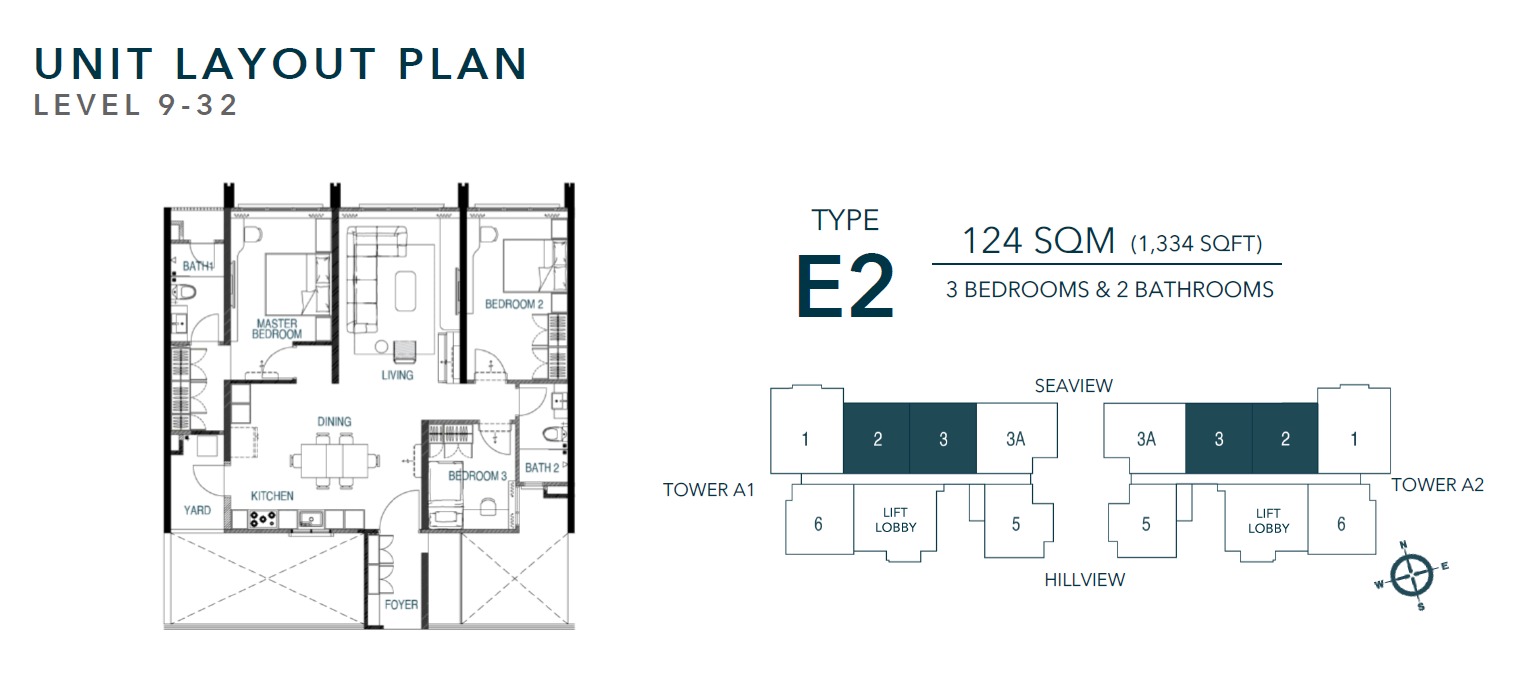 Waterstone Type E2 floor plan, 1,334 square feet, three bedrooms and two bathrooms
