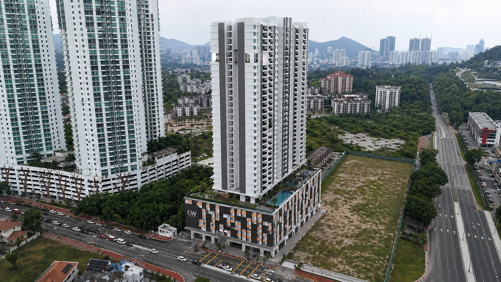 Aerial view of the completed Goodwood Residence condominium in Bayan Lepas, Penang